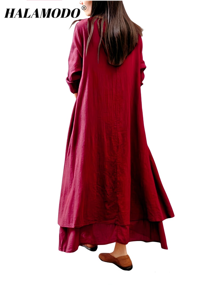 هالامودو فستان ماكسي نسائي من القطن والكتان مقاس كبير فساتين طويلة Casaul فساتين فضفاضة مع جيوب فستان برقبة دائرية بأكمام 3/4 للارتداء اليومي - Image 3