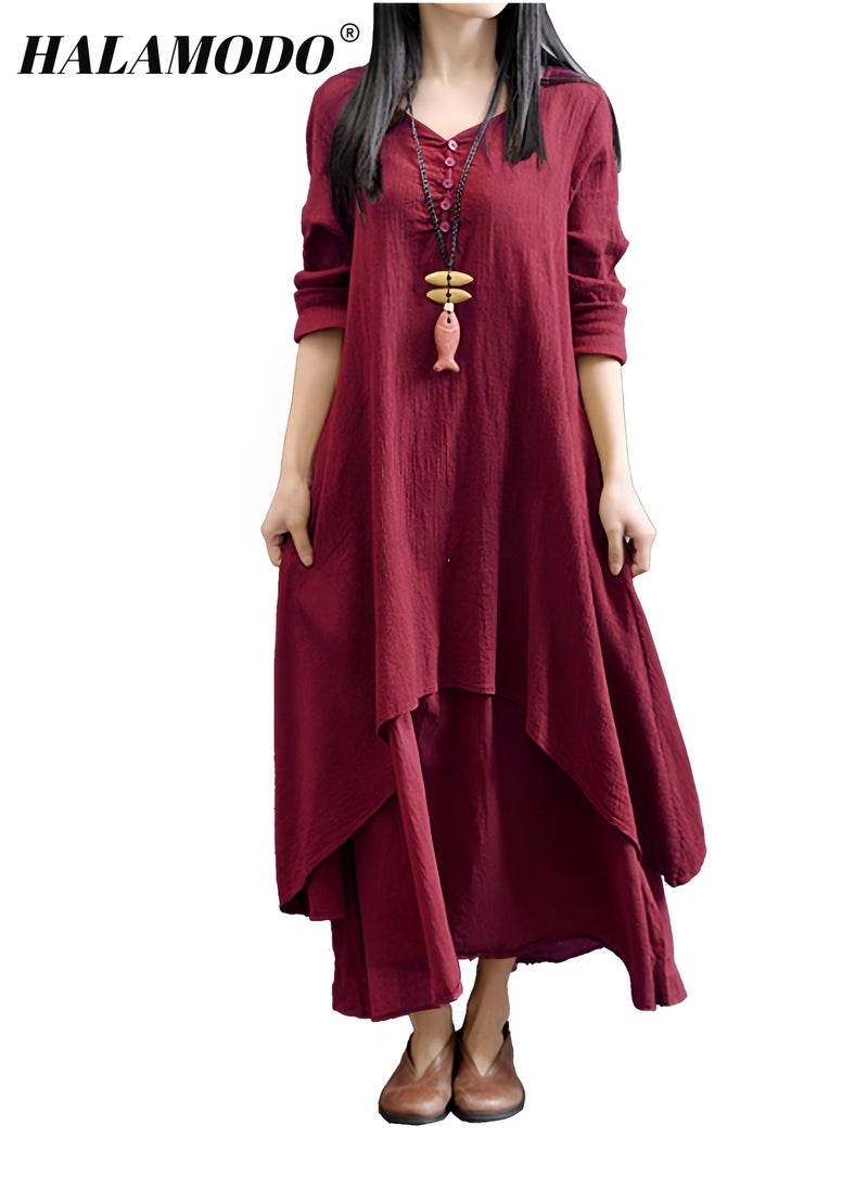 هالامودو فستان ماكسي نسائي من القطن والكتان مقاس كبير فساتين طويلة Casaul فساتين فضفاضة مع جيوب فستان برقبة دائرية بأكمام 3/4 للارتداء اليومي - Image 2