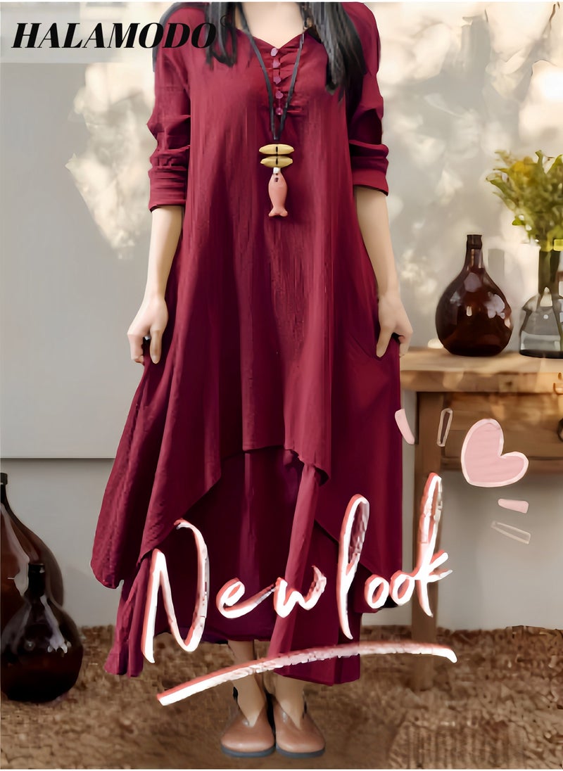 هالامودو فستان ماكسي نسائي من القطن والكتان مقاس كبير فساتين طويلة Casaul فساتين فضفاضة مع جيوب فستان برقبة دائرية بأكمام 3/4 للارتداء اليومي - Image 5