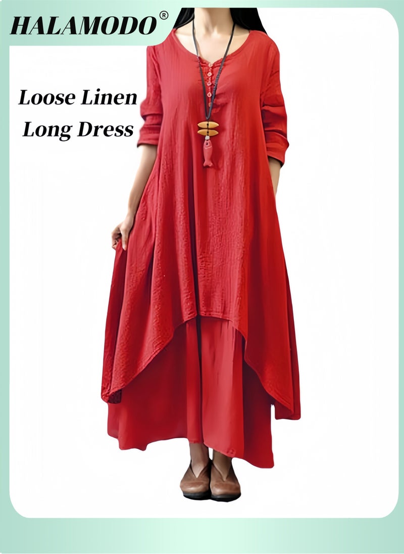 هالامودو فستان ماكسي نسائي من القطن والكتان مقاس كبير فساتين طويلة Casaul فساتين فضفاضة مع جيوب فستان برقبة دائرية بأكمام 3/4 للارتداء اليومي - Image 1
