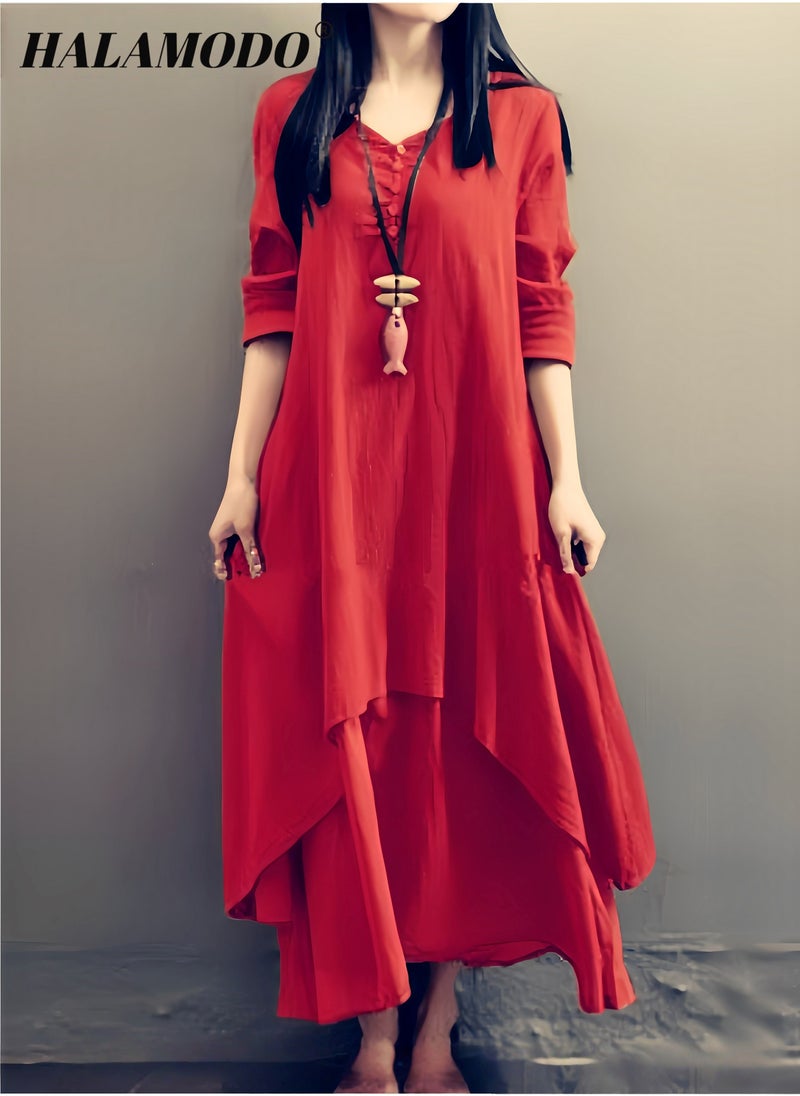 هالامودو فستان ماكسي نسائي من القطن والكتان مقاس كبير فساتين طويلة Casaul فساتين فضفاضة مع جيوب فستان برقبة دائرية بأكمام 3/4 للارتداء اليومي - Image 4