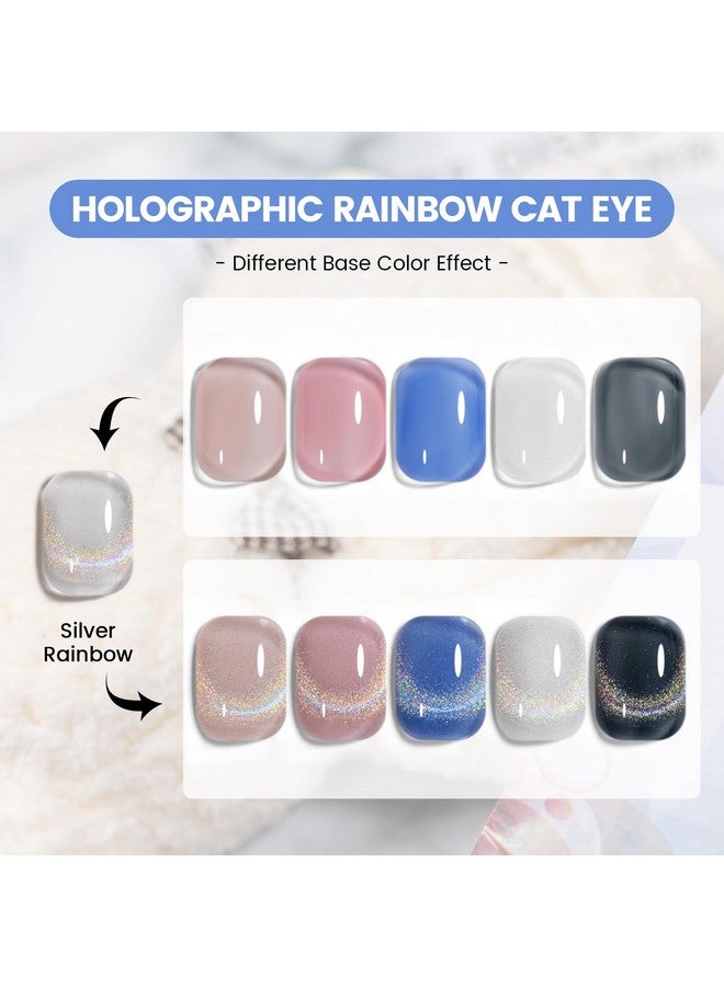RARJSM Holographic Rainbow Cat Eye Gel Nail Polish with Magnet Stick Clear Silver Iridescent Glitter Sparkle 9D Cat Eye Gel Polish Soak off UV LED Curing Requires Soak Off Home Salon Diy Nail Art - Image 4