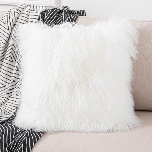 yingda1992 Mongolian Lamb Fur Throw Pillow Cover (16'' x 16'', White) Real Fur Decorative Cushion Cover Pillow Case for Living Room Bedroom - Image 2
