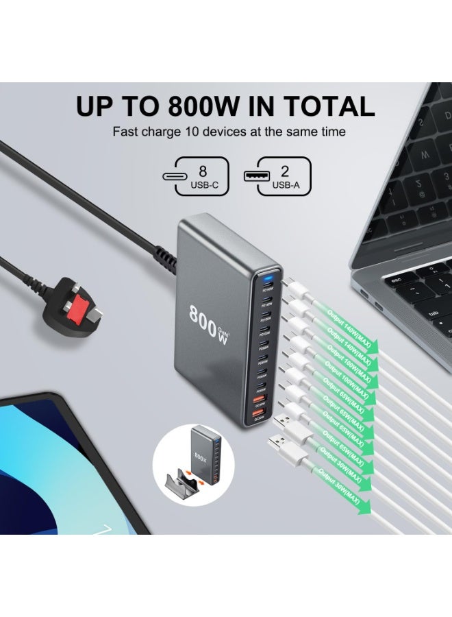 شاحن 800 واط منفذ USB-A و USB-C، 10 منافذ، محطة شحن مكتبية متعددة المنافذ، محول طاقة، شاحن لابتوب، شحن سريع 140 واط، أسود - Image 2