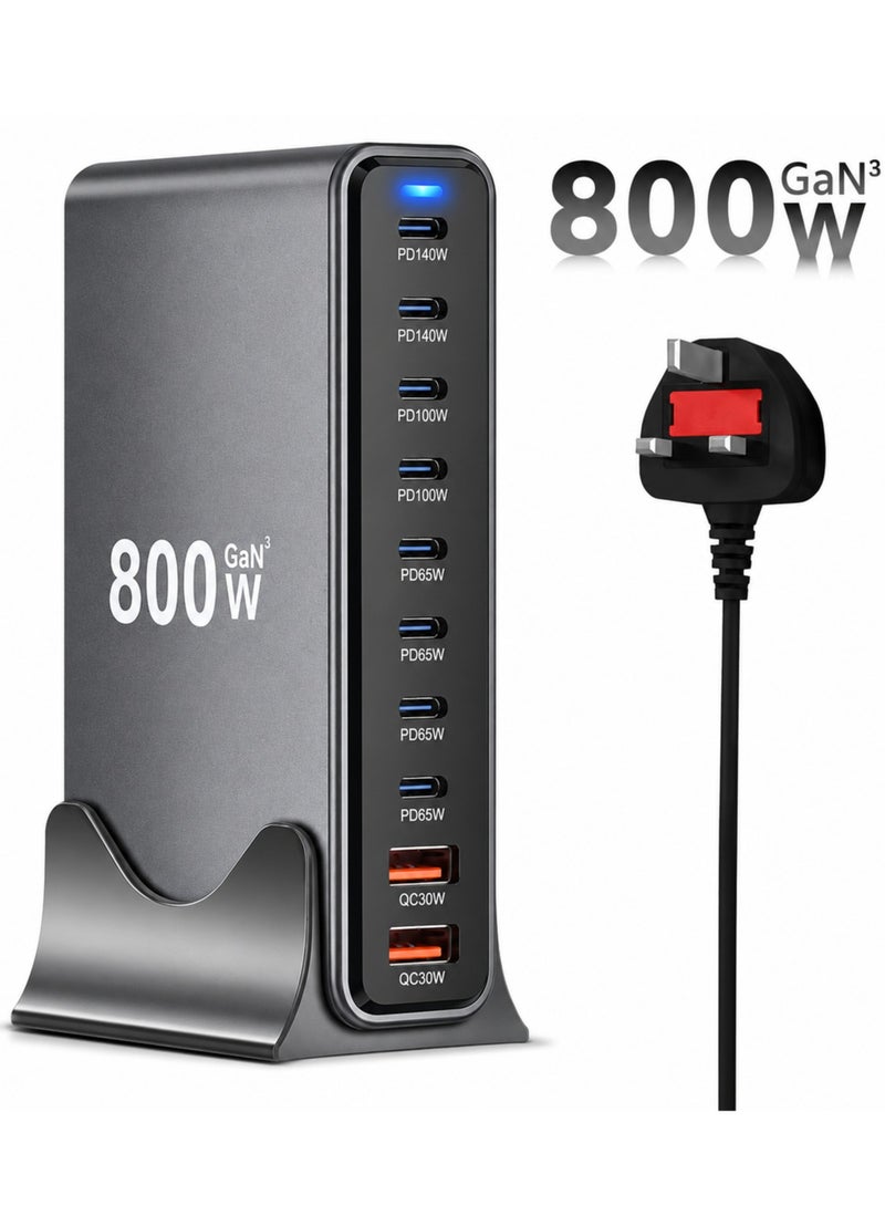 محطة شحن سريع USB C بـ 10 منافذ، شاحن مكتبي متعدد المنافذ 800 واط مع شحن سريع PD 140W لأجهزة MacBook و iPhone و Samsung و iPad - أسود - Image 1