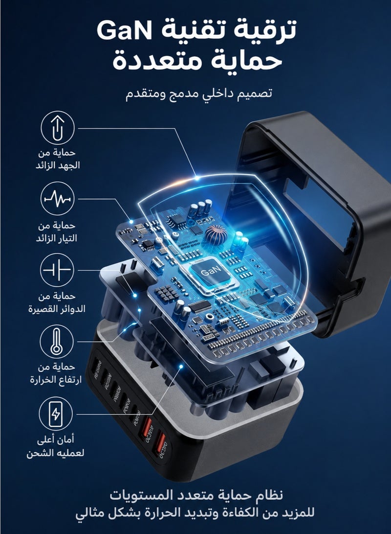 محطة شحن سريع USB C بـ 10 منافذ، شاحن مكتبي متعدد المنافذ 800 واط مع شحن سريع PD 140W لأجهزة MacBook و iPhone و Samsung و iPad - أسود - Image 4