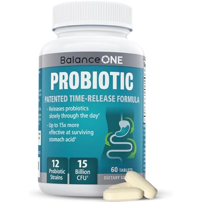Balance ONE Time Release Probiotic – 15 Billion CFU – 12 Strains Including L. Plantarum – 15x More Survival Than Capsules – Bloating & Gas Relief – Gut & Digestive Health for Women & Men – 60 Tablets - Image 1