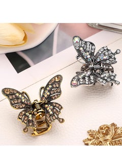 Noverlife 2PCS Vintage Butterfly Hair Claws Metal Gold Rhinestone Hair Clips Mini Hair Clips Retro Crystal Hair Jaws Sparkly Diamond Claw Clips Alloy Fancy Thick Hair Barrette Clamp for Women Girls