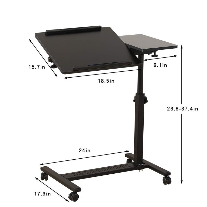 TigerDad Over Bed Table with Wheels Adjustable | Rolling Laptop Table Overbed Desk Hospital Tray Table Sofa Chair Side Table (Black) - Image 2