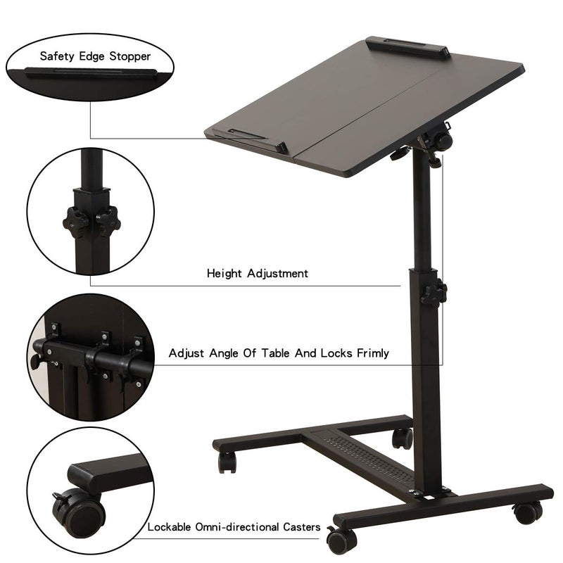 TigerDad Over Bed Table with Wheels Adjustable | Rolling Laptop Table Overbed Desk Hospital Tray Table Sofa Chair Side Table (Black) - Image 5