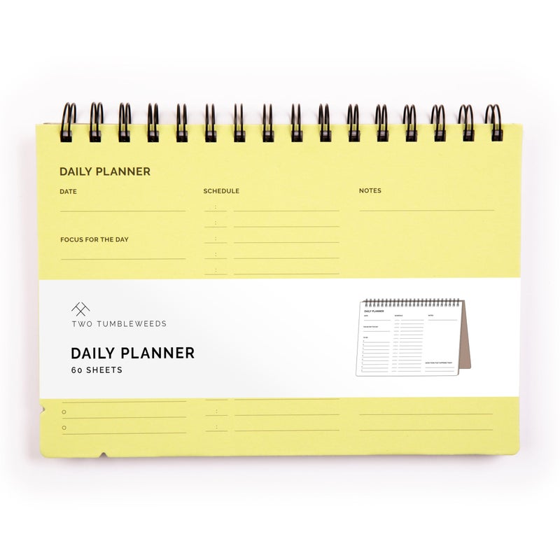 Two Tumbleweeds Undated Daily Planner Notebook â€“ Spiral Bound A5 (5.75" x 8.5"), 60 Pages, Yellow Cover | Simple Organizer for Work, School & Personal Goals - Image 1