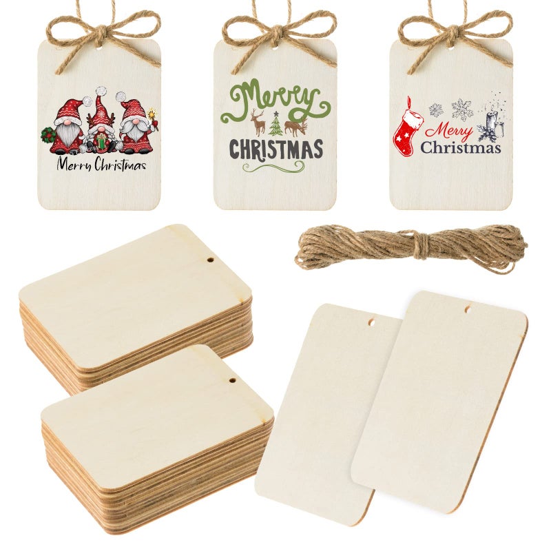 120 Pcs Wooden Tags 25 x 35 Inch Unfinished Wood Rectangle Square Wooden Cutouts with Holes Wood Ornaments with 328ft Rope for Holiday Gift Tags DIY Craft Christmas Hanging Decorations Painting