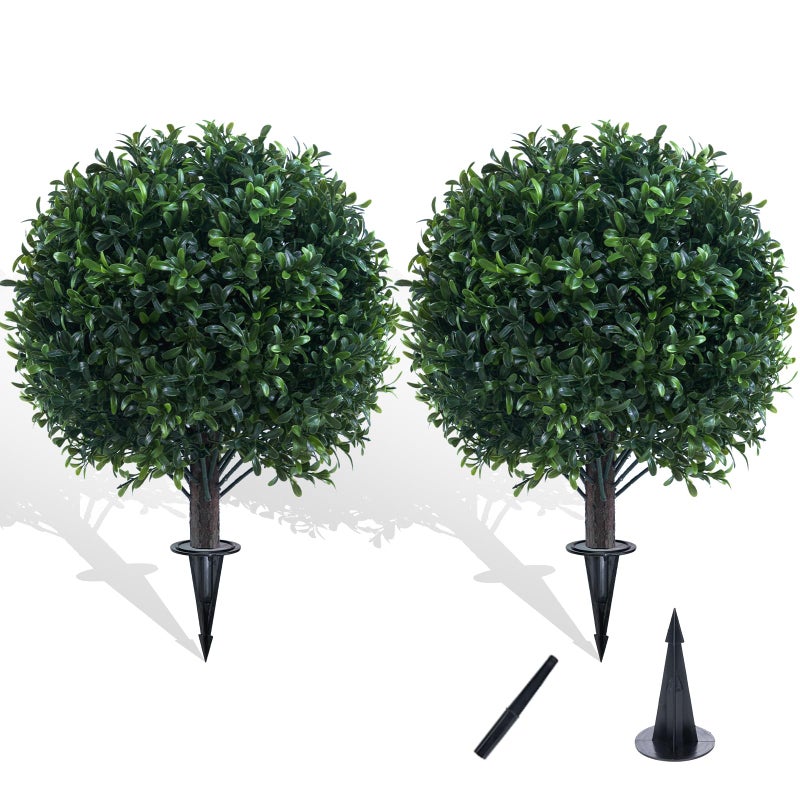 Chillchard Artificial Boxwood Topiary Ball Bush for Outdoor with Spike UV Resistant Faux Boxwood Ball Tree with Stake for Outside Set of 2 Weatherproof Round Fake Shrubs for Entryway Front Porch