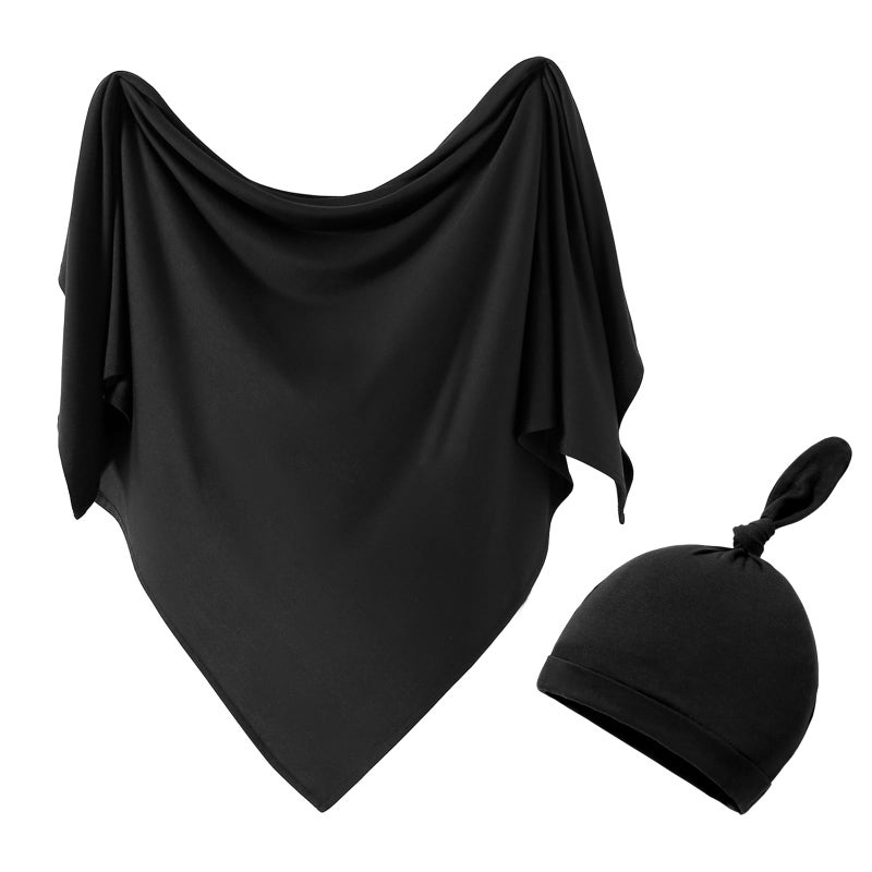 iEvolve Cotton Knitted Baby Swaddle Blanket with Hat Headband Set Newborn Swaddle Wrap Receiving Blankets for Baby Girl Boy 35" x 35"(Black) - Image 1