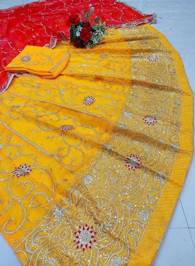 SHYAMLATA مجموعة SHYAMLATA حريرية مطرزة شبه مخيطة من Rajasthani Rajputi Poshak Lehenga Choli مع طقم وشاح (أحمر) (أصفر) - Image 5