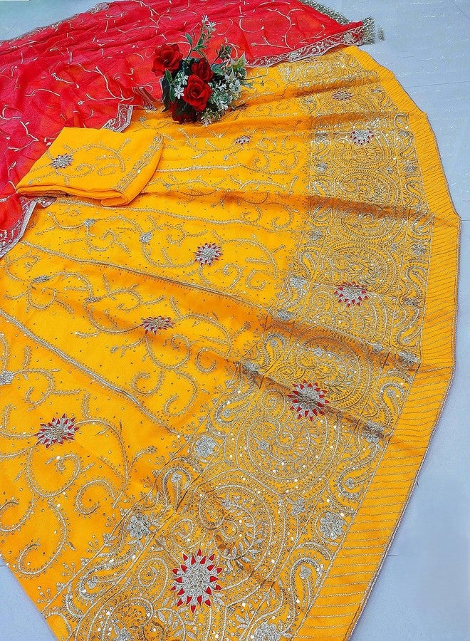 SHYAMLATA مجموعة SHYAMLATA حريرية مطرزة شبه مخيطة من Rajasthani Rajputi Poshak Lehenga Choli مع طقم وشاح (أحمر) (أصفر) - Image 3