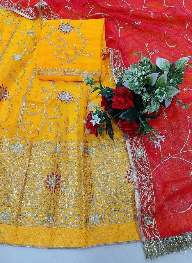 SHYAMLATA مجموعة SHYAMLATA حريرية مطرزة شبه مخيطة من Rajasthani Rajputi Poshak Lehenga Choli مع طقم وشاح (أحمر) (أصفر) - Image 4