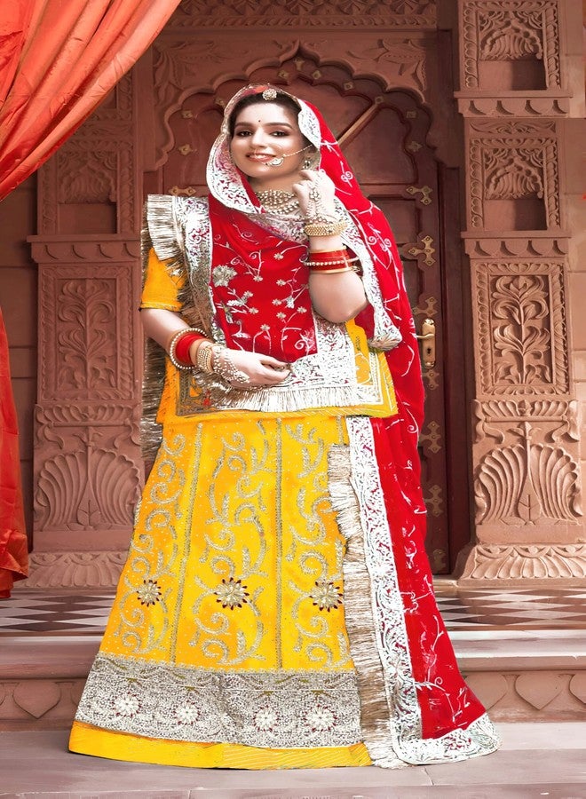 SHYAMLATA مجموعة SHYAMLATA حريرية مطرزة شبه مخيطة من Rajasthani Rajputi Poshak Lehenga Choli مع طقم وشاح (أحمر) (أصفر) - Image 2
