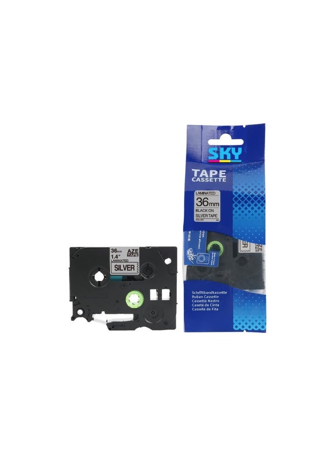 SKY 36 mm Black on Silver AZE-961 Laminated Label Tape Cartridge for P-Touch Label Printers - Image 1