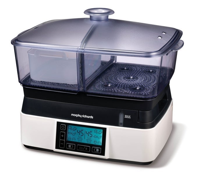 INTELLISTEAM COMPACT FOOD STEAMER 6L SYNCHRONISED STEAMING DIGITAL DISPLAY MEMORY SYSTEM WHITE BLACK 48775