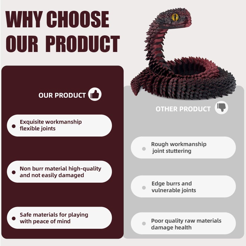Binvin 3D Printed AnimalsSnake Viper3D Printed Snake Toys Articulated Snake 3D Printed Animals Animal Model Ornaments Creative Funny Toy Festival Gift for Frends Blue Silver 24Inch - Image 5