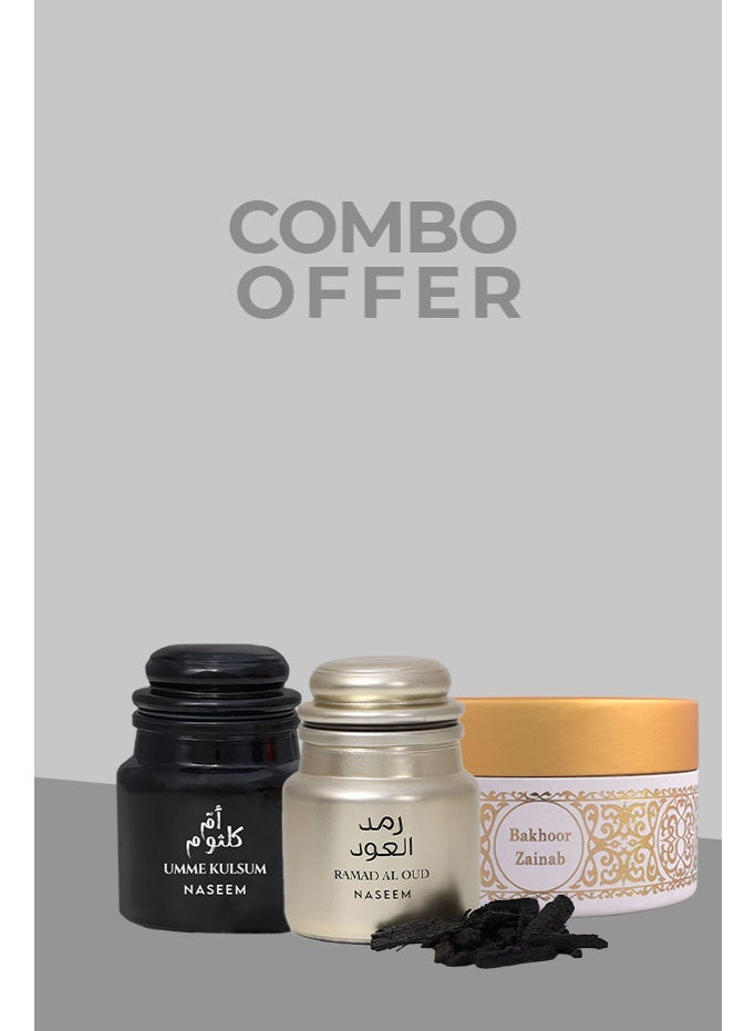 Naseem مجموعة بخور خاصة رماد العود 40 جرام، أم كلثوم 40 جرام، زينب 20 جرام – عبوة من 3 عطور للمنزل