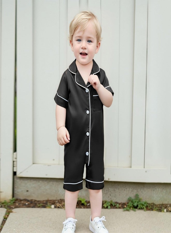 fyclemt Newborn Baby Boy Girl Silk Pajamas Romper Long/Short Sleeve Button Up One Piece Jumpsuit Sleep Satin Nightgown Pjs Sleepwear (Black, Newborn) - Image 3