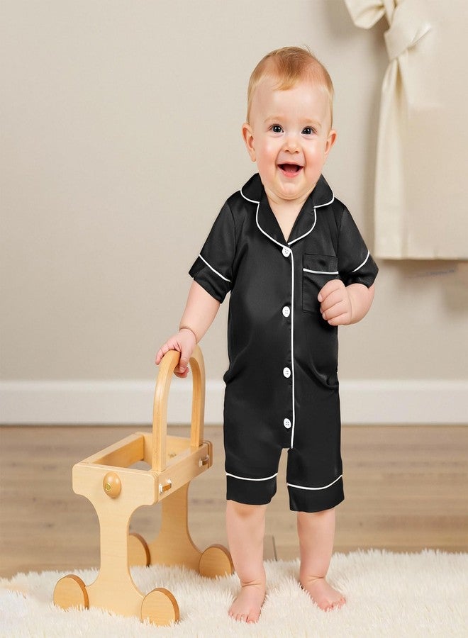 fyclemt Newborn Baby Boy Girl Silk Pajamas Romper Long/Short Sleeve Button Up One Piece Jumpsuit Sleep Satin Nightgown Pjs Sleepwear (Black, Newborn) - Image 2
