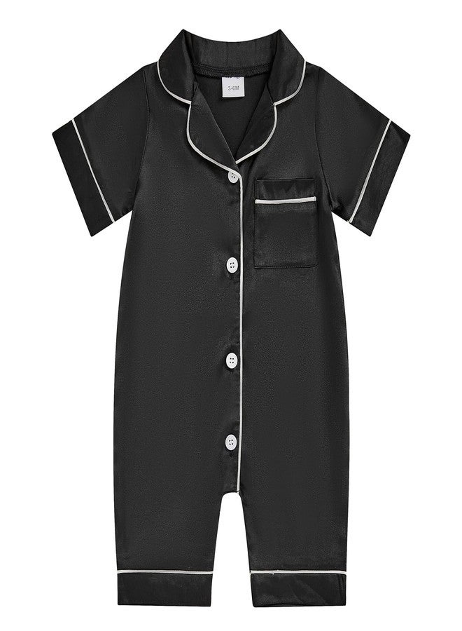fyclemt Newborn Baby Boy Girl Silk Pajamas Romper Long/Short Sleeve Button Up One Piece Jumpsuit Sleep Satin Nightgown Pjs Sleepwear (Black, Newborn) - Image 1