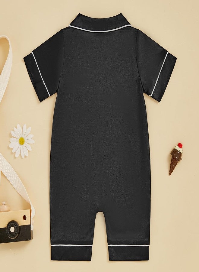 fyclemt Newborn Baby Boy Girl Silk Pajamas Romper Long/Short Sleeve Button Up One Piece Jumpsuit Sleep Satin Nightgown Pjs Sleepwear (Black, Newborn) - Image 5