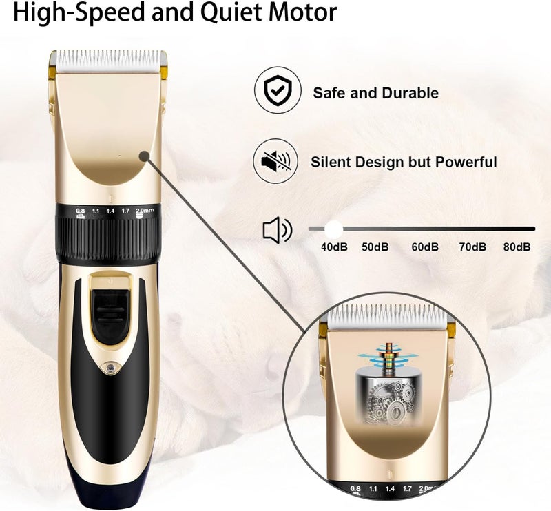 Highdas Dog Grooming Kit Clippers, Low Noise, Electric Quiet, Rechargeable, Cordless, Pet Hair Thick Coats Clippers Trimmers Set, Suitable for Dogs, Cats, and Other Pets (Gold) - Image 4