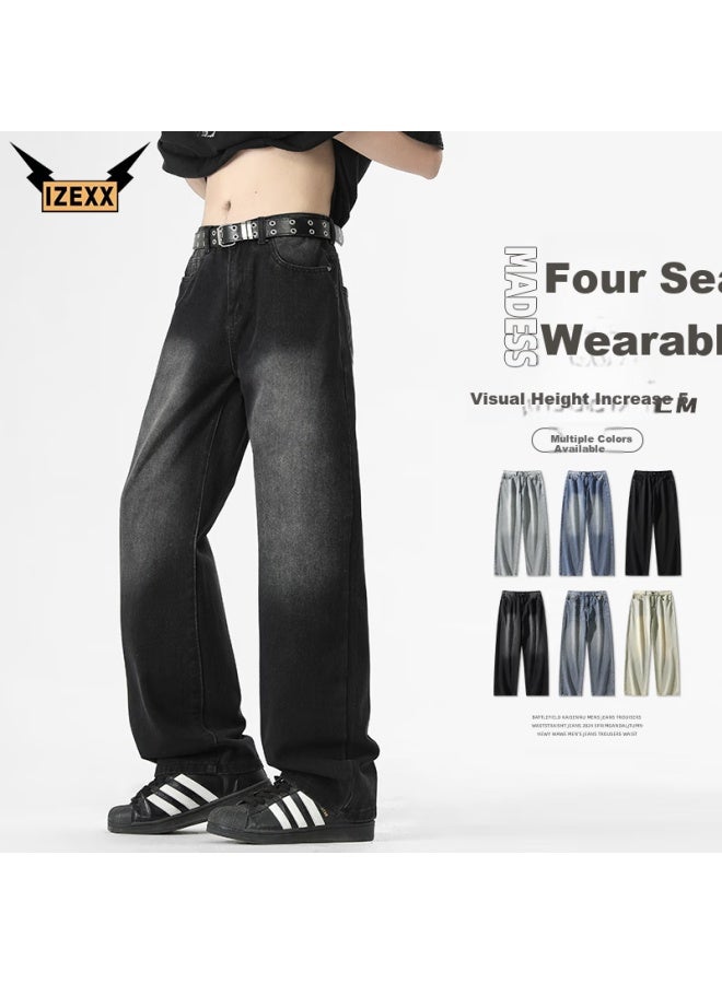 Izexx Men's Summer Comfortable All-match Straight Wide-leg Casual Loose-fit Jeans Iz016 Black Gray 2XL - Image 1
