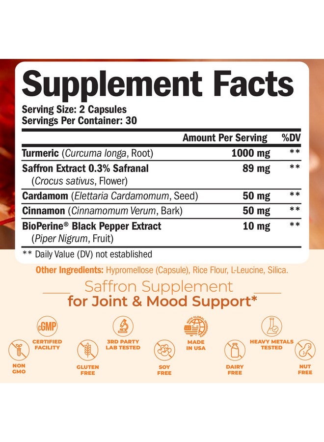 Vimerson Health Saffron Supplements - Turmeric Curcumin Supplement with Black Pepper, Saffron Extract, Cardamom and Cinnamon Pills for Mood, Memory, Eye Health. Joint Supplements for Women & Men. 60 Tumeric Capsules - Image 3