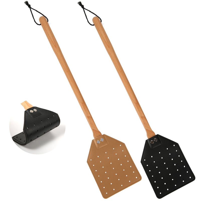 PEUTIER 2pcs Leather Fly Swatter, 19.5 Inch Long Heavy Duty Flyswatter Manual with Wooden Handle Fly Catcher for Indoor Outdoor (Black, Brown) - Image 1