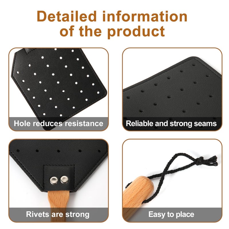 PEUTIER 2pcs Leather Fly Swatter, 19.5 Inch Long Heavy Duty Flyswatter Manual with Wooden Handle Fly Catcher for Indoor Outdoor (Black, Brown) - Image 3