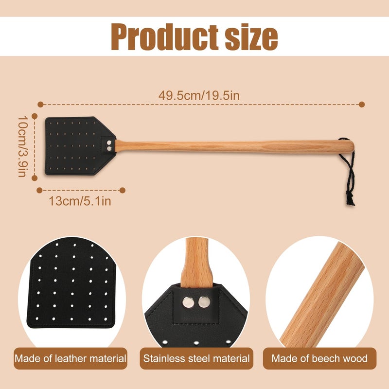 PEUTIER 2pcs Leather Fly Swatter, 19.5 Inch Long Heavy Duty Flyswatter Manual with Wooden Handle Fly Catcher for Indoor Outdoor (Black, Brown) - Image 2