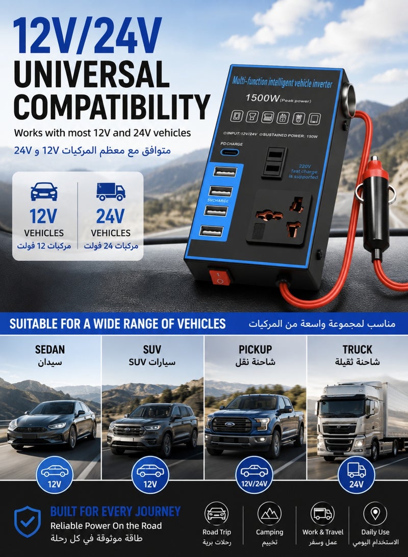 MAOGEDA 1500w Car Power Inverter Multi-Port, DC 12V 24V to AC 220V Converter Modified Sine Wave Inverter High Frequency Watt Power Charger Inverter Converter Compatible with Various Vehicles, Can Provide Multiple Devices - Image 4