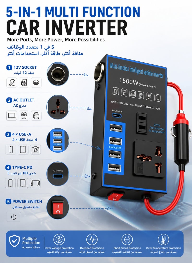 MAOGEDA 1500w Car Power Inverter Multi-Port, DC 12V 24V to AC 220V Converter Modified Sine Wave Inverter High Frequency Watt Power Charger Inverter Converter Compatible with Various Vehicles, Can Provide Multiple Devices - Image 2