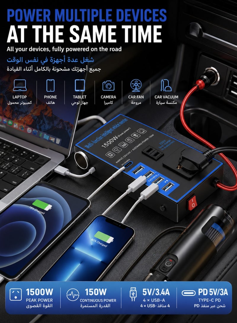 MAOGEDA 1500w Car Power Inverter Multi-Port, DC 12V 24V to AC 220V Converter Modified Sine Wave Inverter High Frequency Watt Power Charger Inverter Converter Compatible with Various Vehicles, Can Provide Multiple Devices - Image 3