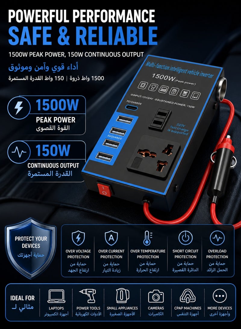 MAOGEDA 1500w Car Power Inverter Multi-Port, DC 12V 24V to AC 220V Converter Modified Sine Wave Inverter High Frequency Watt Power Charger Inverter Converter Compatible with Various Vehicles, Can Provide Multiple Devices - Image 5