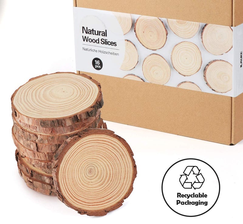 ilauke Wood Slices for Crafts 3.5''-4'' Unfinished Wood Crafts 16Pcs Natural Wood Rounds with Bark for Wedding Centerpieces Table Coasters Rustic Decoration - Craft Supplies - Image 3