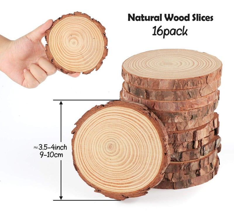 ilauke Wood Slices for Crafts 3.5''-4'' Unfinished Wood Crafts 16Pcs Natural Wood Rounds with Bark for Wedding Centerpieces Table Coasters Rustic Decoration - Craft Supplies - Image 2