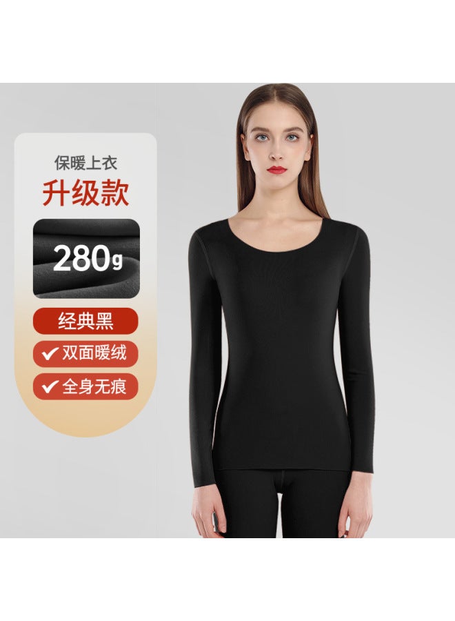 De Velvet Thermal Underwear Undershirt Autumn And Winter Fleece-lined Thickened Seamless Autumn Clothes Women's Suit Long Pants Heating Brushed Round Neck