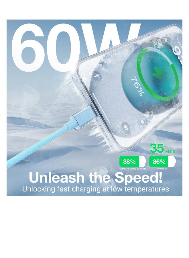 USB C Cable 60W, 3 Pack Fast Charging Lower Temp USB C to USB C Cable, Type C to Type C Charger Braided USB Cable for iPhone 15/15 Pro Max, MacBook, iPad, Samsung Galaxy S23, Blue, White, Purple - Image 4