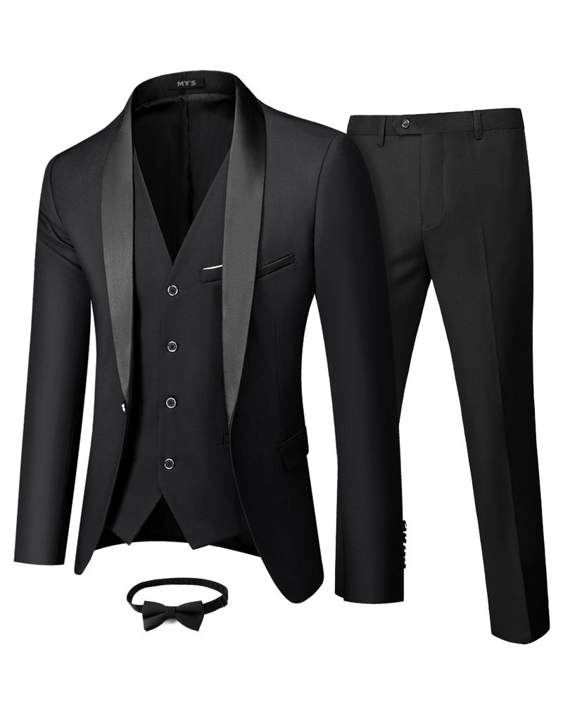 MYS Mens 3 Piece Tuxedo Set with Bow Tie Shawl Lapel One Button Jacket Vest Pants Slim Fit Suit Prom Party Wedding Tux Black