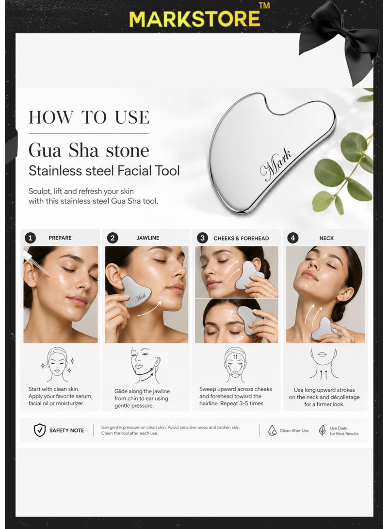 MARK STORE Gua Sha stone Stainless steel Facial Tools, Gua sha Tool Face silver for Jawline Sculpting and Puffiness Reducing, Gua Sha Massage Tool, Skin Care Gift - Image 3