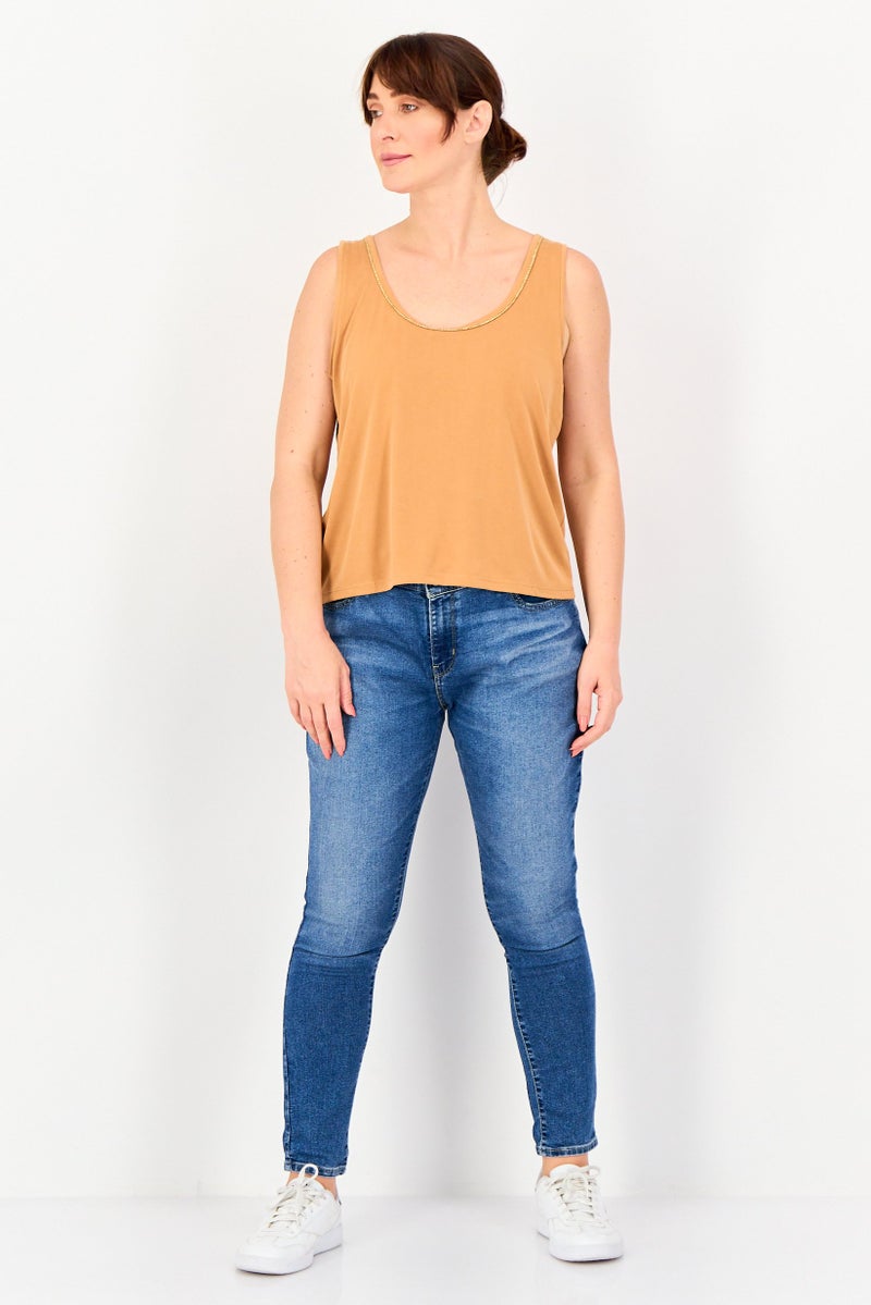 promod Women Scoop Neck Sleeveless Solid Tank Top, Brown - Image 3