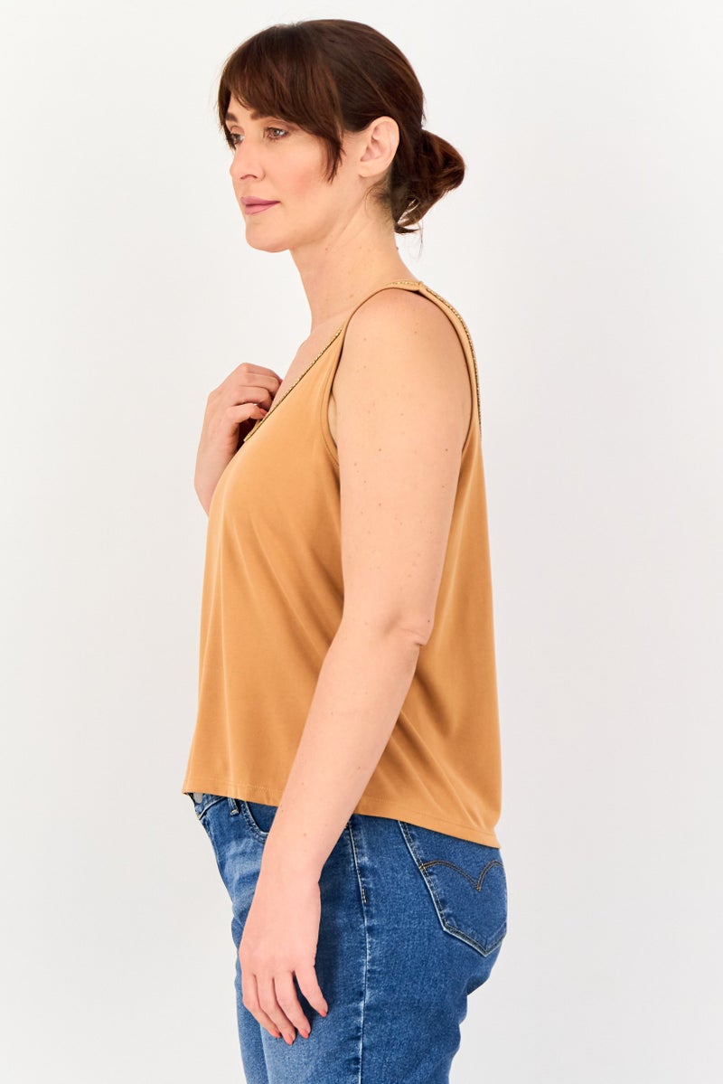 promod Women Scoop Neck Sleeveless Solid Tank Top, Brown - Image 2