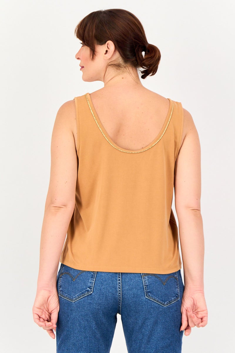 promod Women Scoop Neck Sleeveless Solid Tank Top, Brown - Image 4