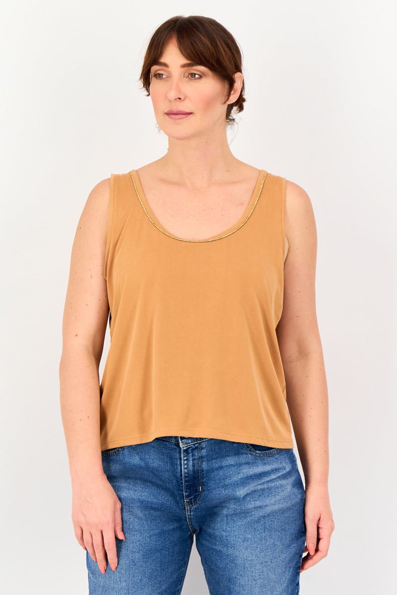 promod Women Scoop Neck Sleeveless Solid Tank Top, Brown - Image 1